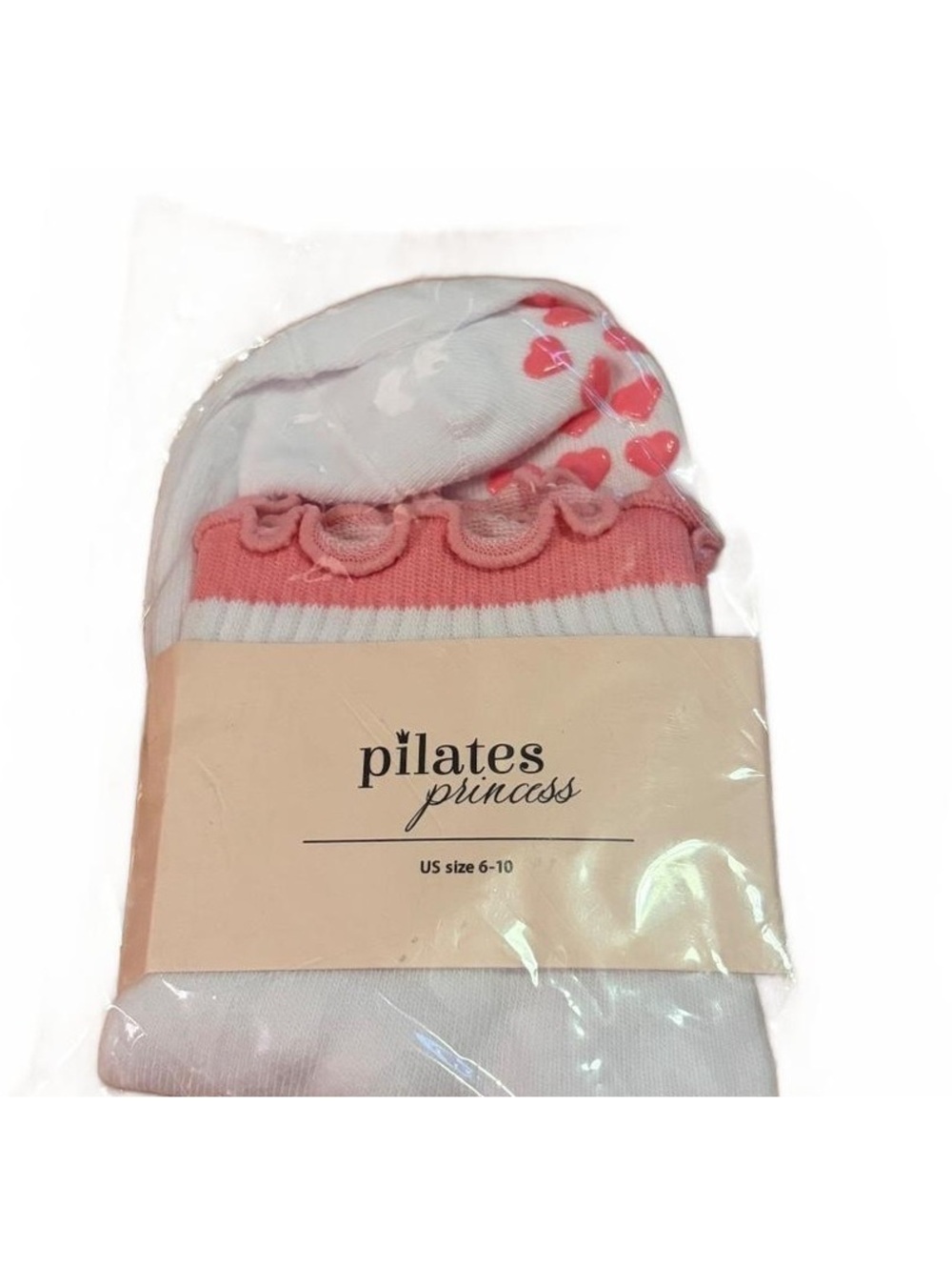 Pilates Princess White and Pink Heart Grip Socks US Size 6-10